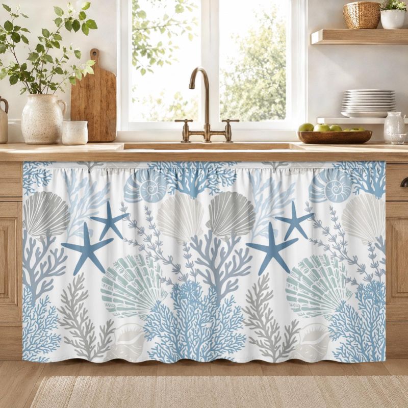 Home Decor Nautical - VIKAMA ノーティカルブルー シーシェル柄 フックアンドループ式 シンク下スカート ノードリル
