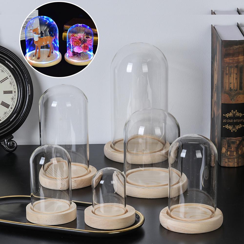 Home Decor Vase - ホームデコレーション植物用ガラス瓶テラリウム、ガラス花瓶、防塵カバー、木製ベース、ガラス製クローシュ、フラワー収納ボックス