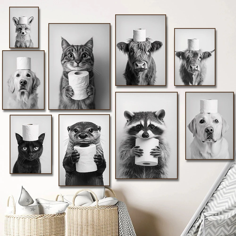 Home Decor Scrap - ハイランドカウ、カワウソ、猫、アライグマ、トイレットペーパーのポスタープリントキャンバス、バスルームの壁、面白いトイレのユーモア、家の装飾