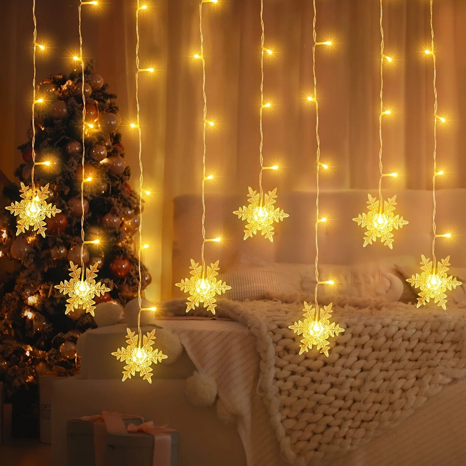 String Curtain Light - 4M 96LED クリスマスホームデコレーション スノーフレーク ストリングライト 室内クリスマス