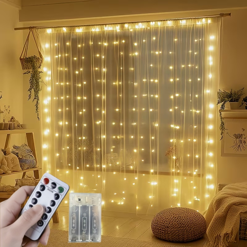 String Curtain Light - 3M-6M クリスマスデコレーションリモコン付きホリデーウェディングおとぎ話フラワーリングライト寝室カーテン電池ボックスストリングライト