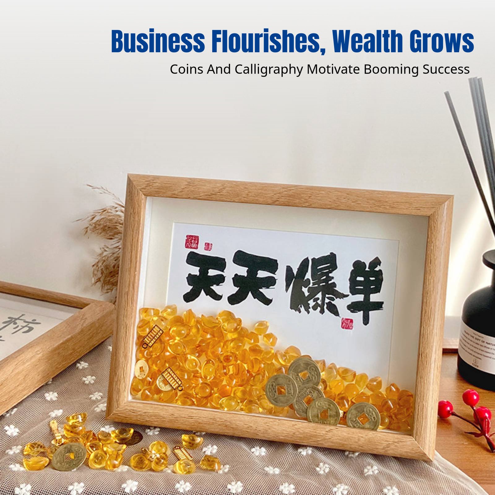Home Decor Mirror - 縁起の良い祝福フレーム、現代書道絵画、デスクトップ装飾、長方形木製アート、家庭やオフィスへの贈り物