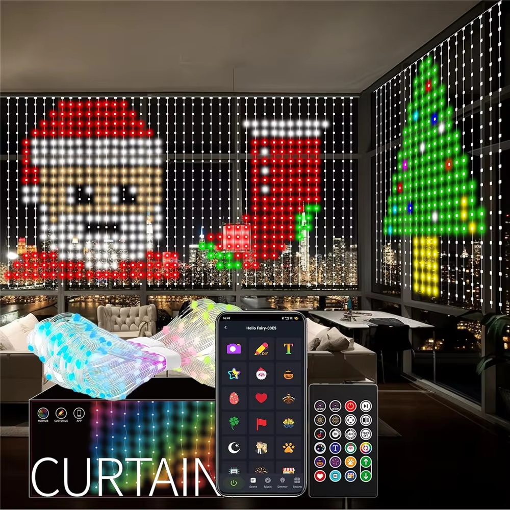 String Curtain Light - スマートRGBピクセルカーテンライト Bluetoothアプリ制御 DIYテキストパターン プログラム可能なLEDカーテンストリングライト 音楽同期 リモコン付き