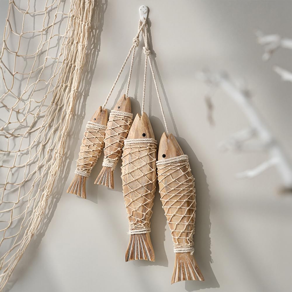 Home Decor Nautical - アンティーク木製魚の壁掛けアートデコレーション、航海風手彫り木製オーナメント、家の装飾、航海テーマ、地中海スタイル