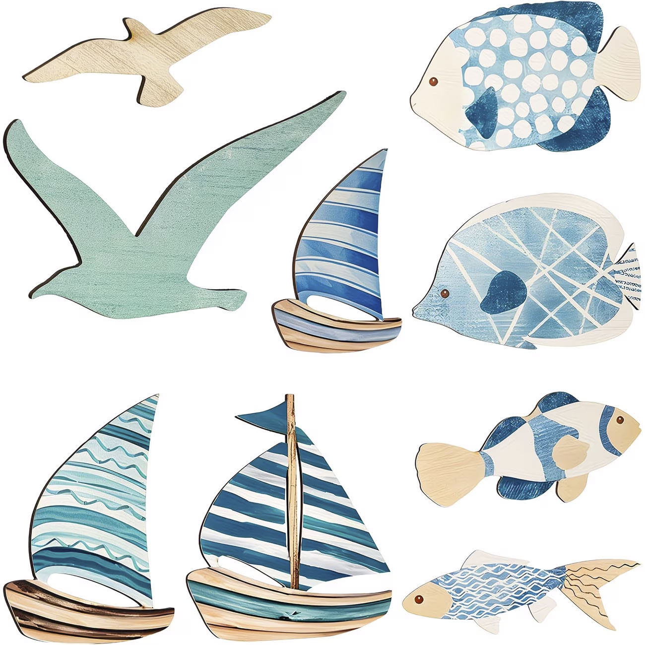 Home Decor Nautical - 9個入りトロピカルフィッシュ・カモメ・帆船木製壁飾り、航海風ホームアクセント