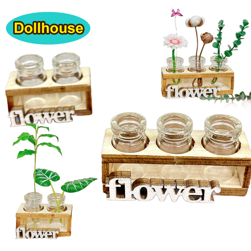 Home Decor Vase - 1 セット 1:12 ドールハウスミニチュア水耕栽培木製フラワーアレンジメントスタンドミニガラス花瓶モデルホームガーデン装飾おもちゃ