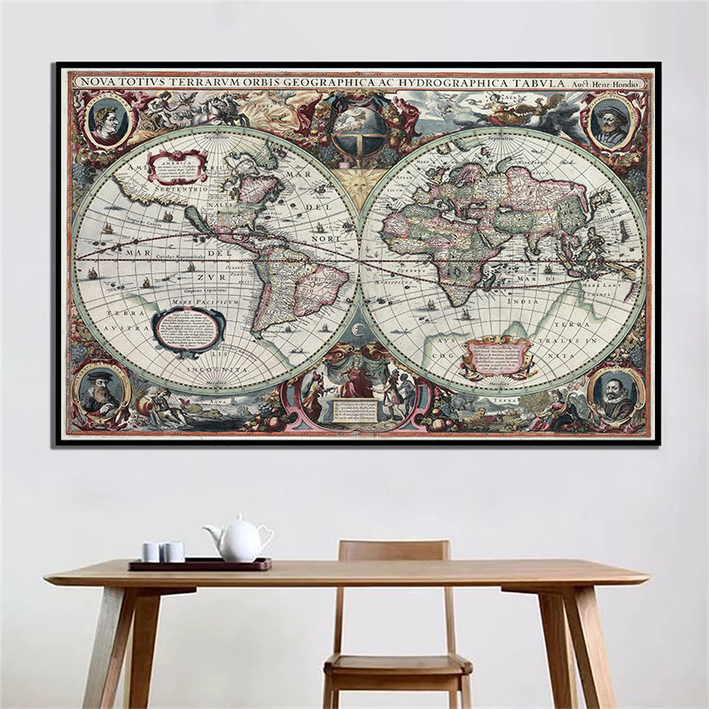 Home Decor Nautical - レトロな世界地図、航海用海洋地図、キャンバス絵画、ウォールアート、チャートステッカー、アンティークな家の装飾、大きなサイズの地図、壁に飾る世界地図