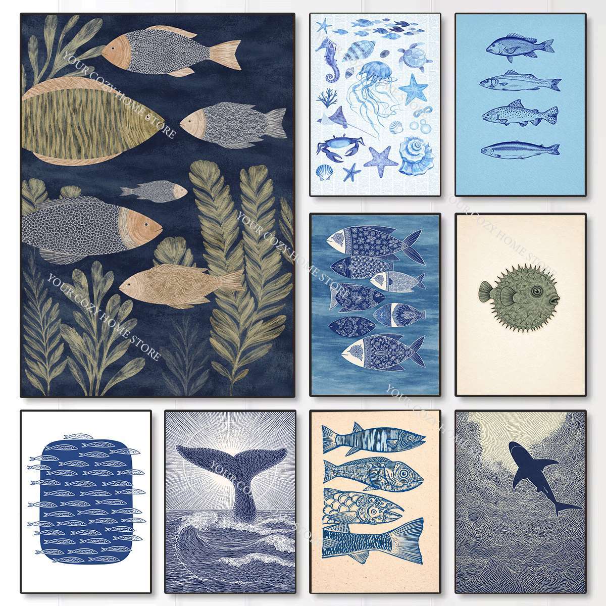 Home Decor Nautical - ミニマリスト航海風魚と波のアートポスター、青と白の海岸キャンバス絵画、家の装飾、ビーチテーマのリビングルーム装飾。
