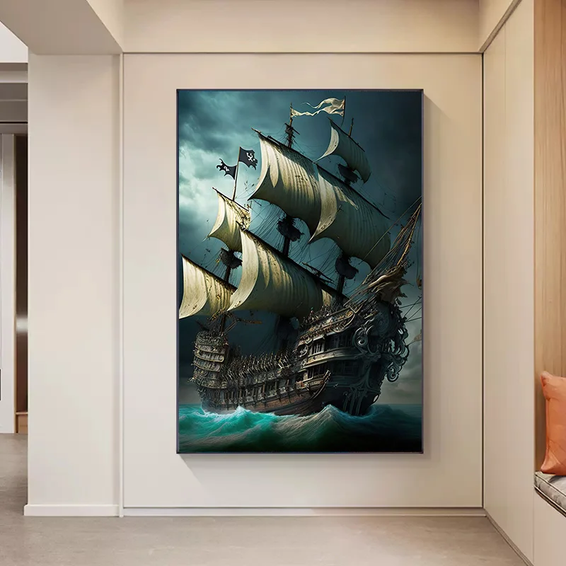 抽象的な海賊船海月夜ポスタープリントキャンバス絵画壁アート画 - Home Decor Nautical のレビューと価格