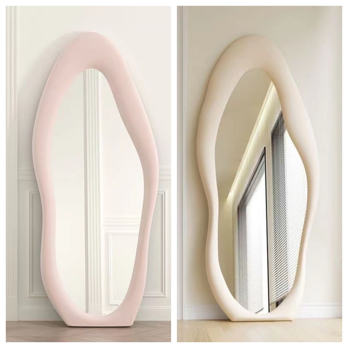クリーム色の不規則な形の全身鏡、ベルベットフレームの自立式ボ - Home Decor Mirror のレビューと価格