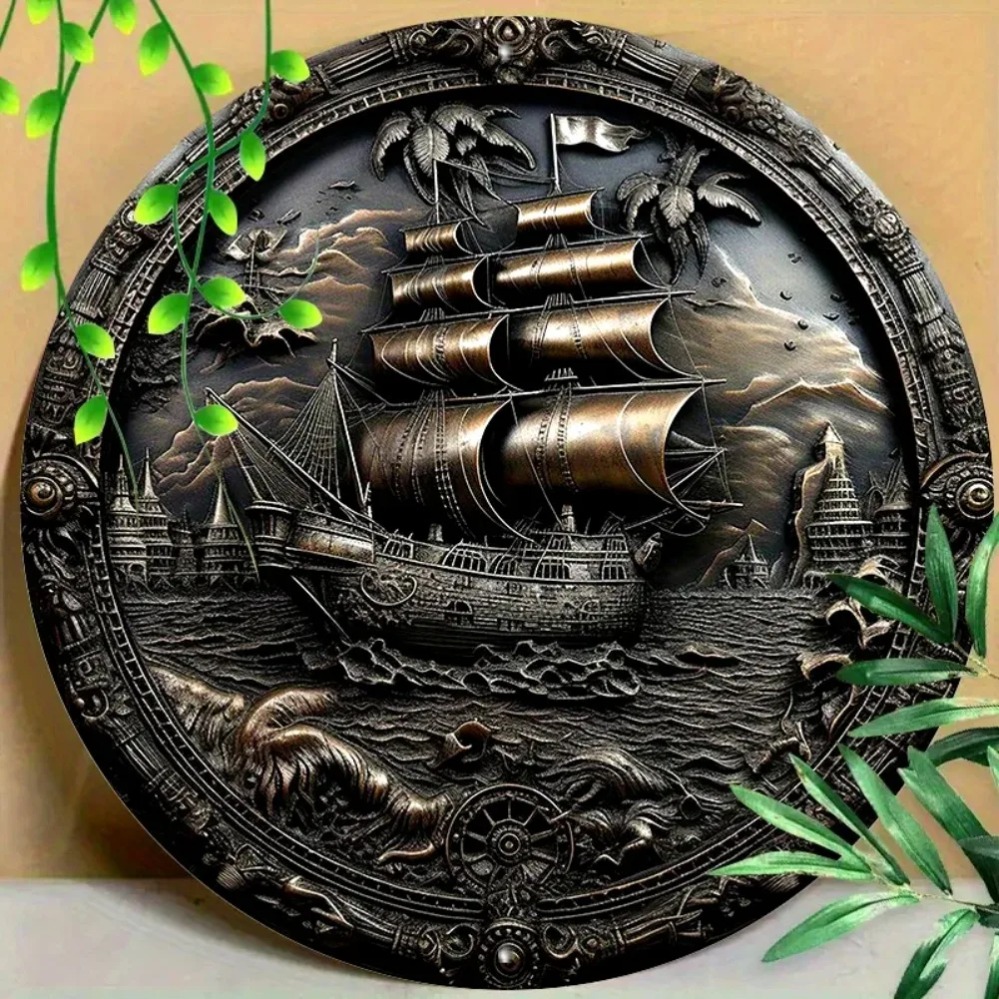 3D 海賊船メタルウォールアート：アルミニウム製丸型レリーフ - Home Decor Nautical のレビューと価格