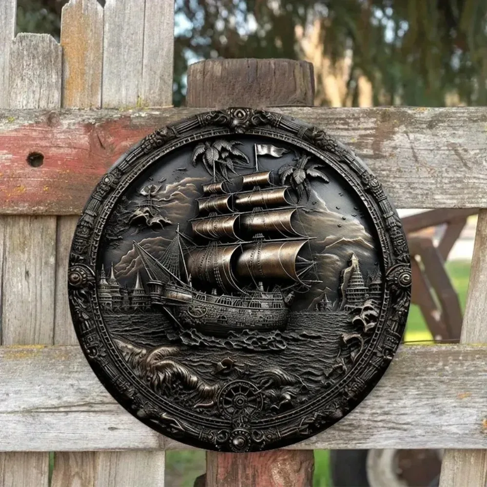 3D 海賊船メタルウォールアート：アルミニウム製丸型レリーフ - Home Decor Nautical のレビューと価格