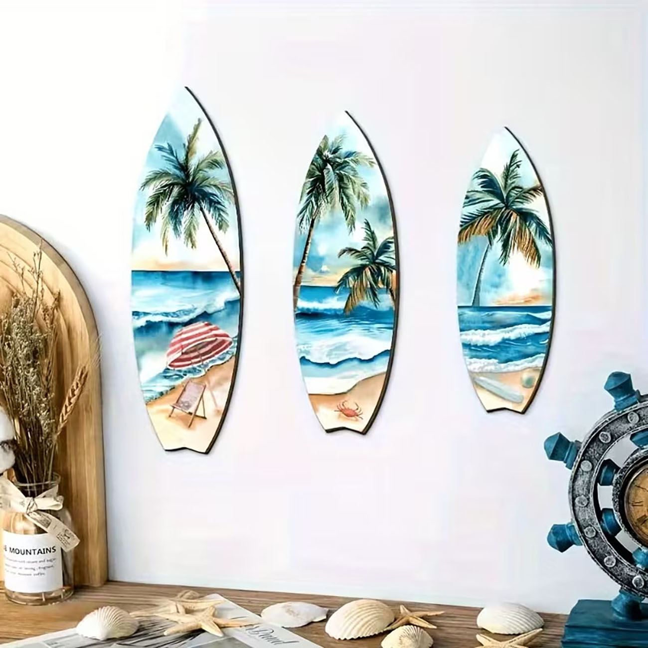 3ピースオーシャンビューサーフボード木製ウォールアートセット - Home Decor Nautical のレビューと価格