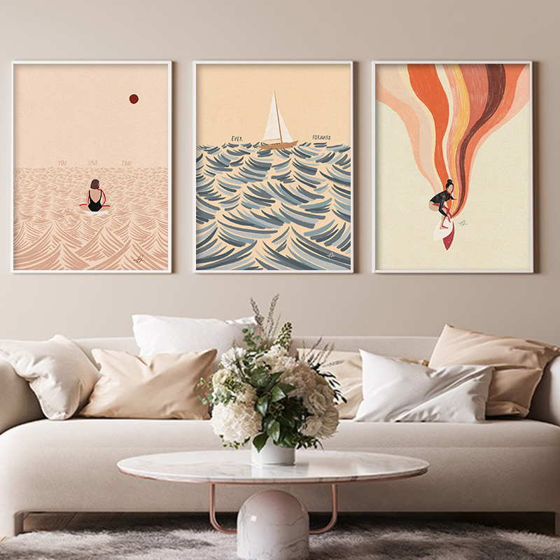 北欧ミニマリストアートサーフィンパドリング水泳海の波プリント - Home Decor Nautical のレビューと価格