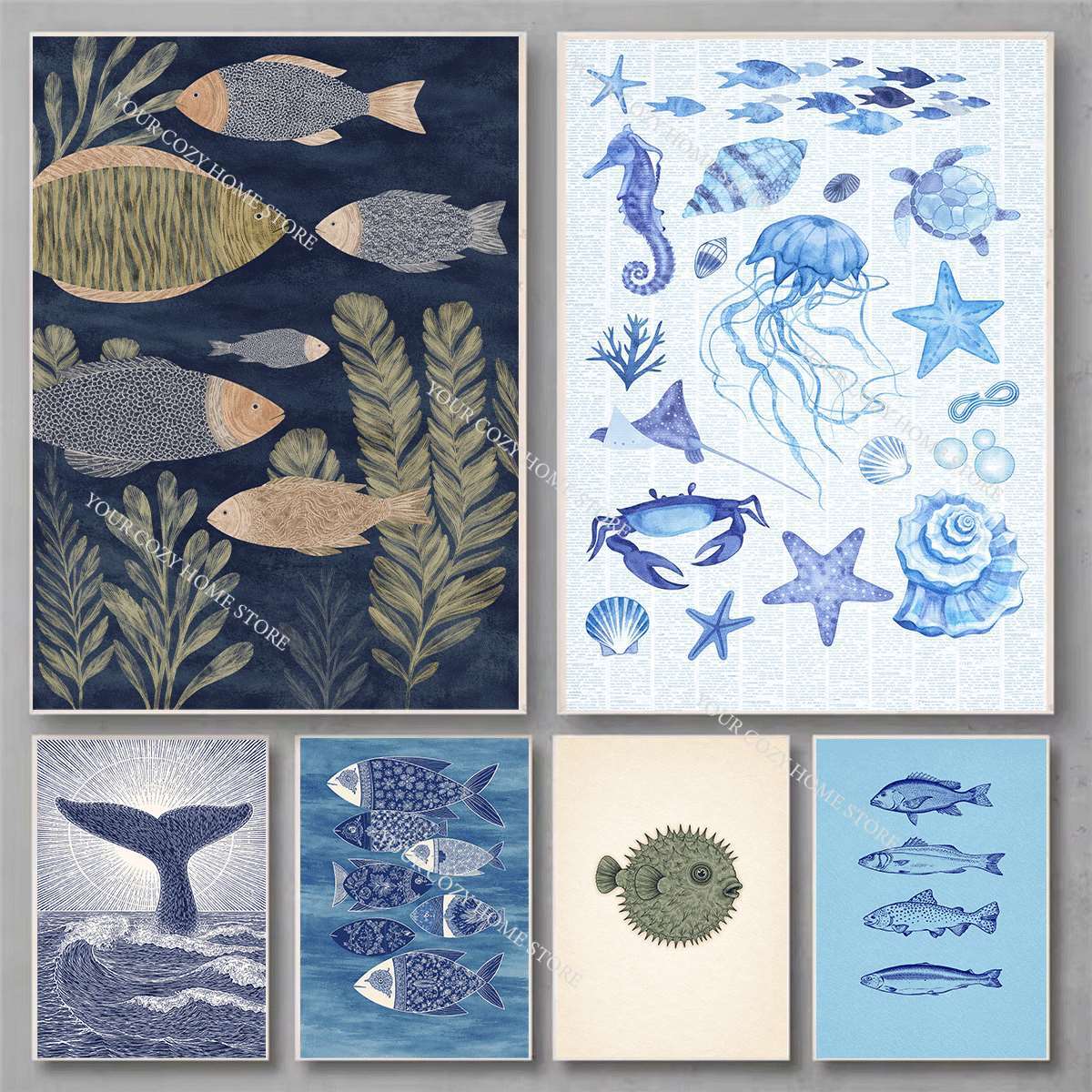 ミニマリスト航海風魚と波のアートポスター、青と白の海岸キャン - Home Decor Nautical のレビューと価格