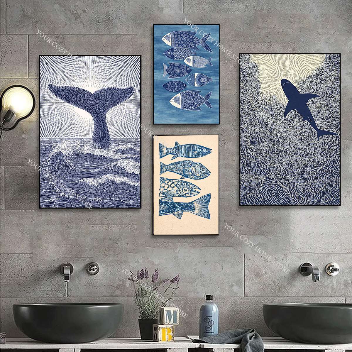 ミニマリスト航海風魚と波のアートポスター、青と白の海岸キャン - Home Decor Nautical のレビューと価格