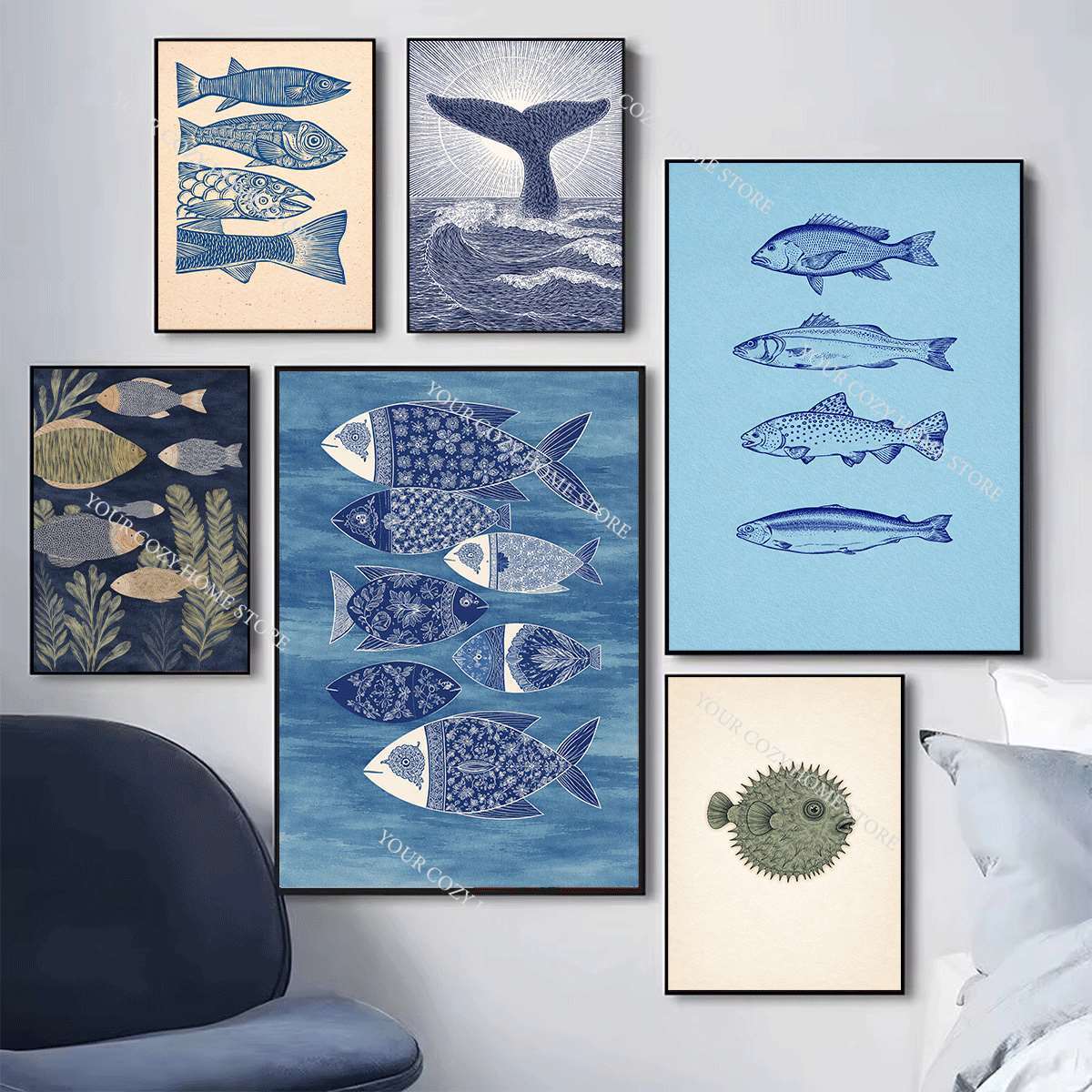 ミニマリスト航海風魚と波のアートポスター、青と白の海岸キャン - Home Decor Nautical のレビューと価格